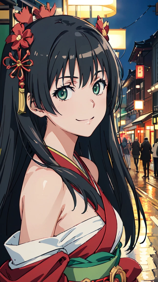  (High resolution:1.4), (masutepiece:1.2), (High quality:1.3) 1girl, saten ruiko, green eyes, long hair, black hair, small breast, Oiran fashion, The city of Kyoto, cinematic lighting,  pov, dynamic angle, off shoulder, smile,