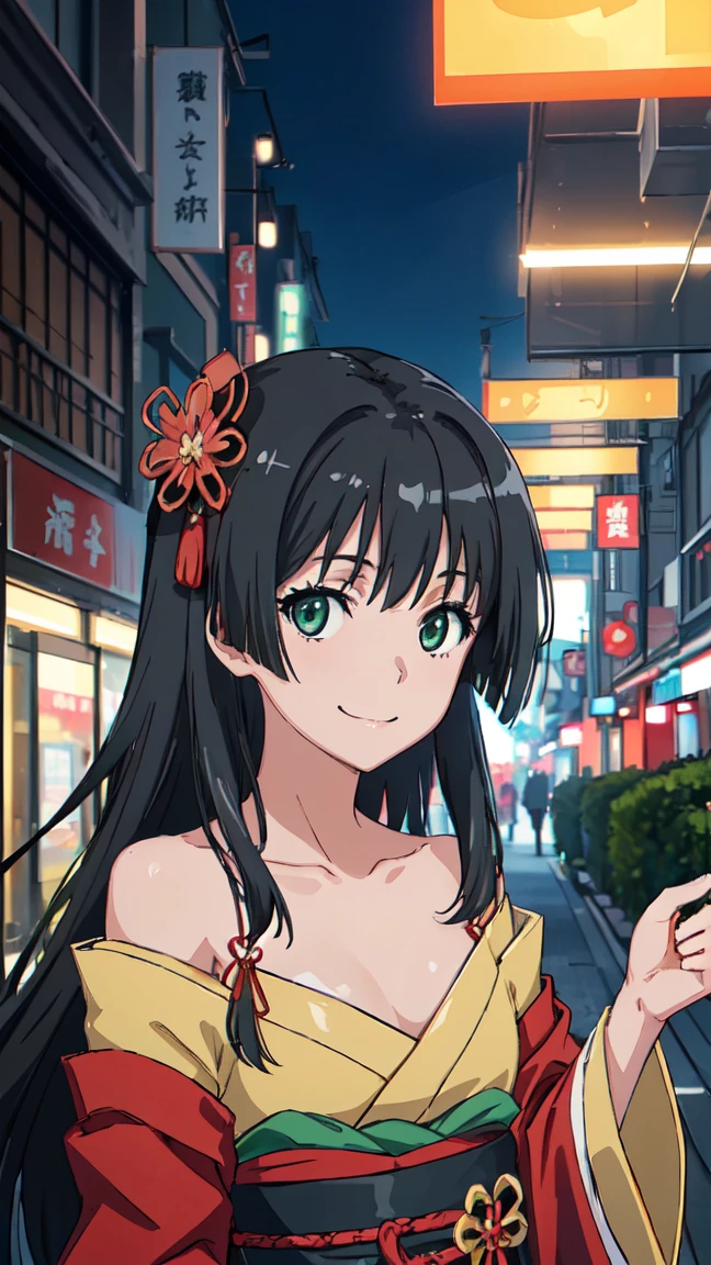 (High resolution:1.4), (masutepiece:1.2), (High quality:1.3) 1girl, saten ruiko, green eyes, long hair, black hair, small breast, Oiran fashion, The city of Kyoto, cinematic lighting, pov, dynamic angle, off shoulder, smile,