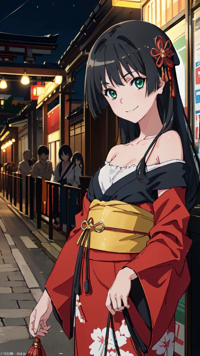 (High resolution:1.4), (masutepiece:1.2), (High quality:1.3) 1girl, saten ruiko, green eyes, long hair, black hair, small breast, Oiran fashion, The city of Kyoto, cinematic lighting, pov, dynamic angle, off shoulder, smile,