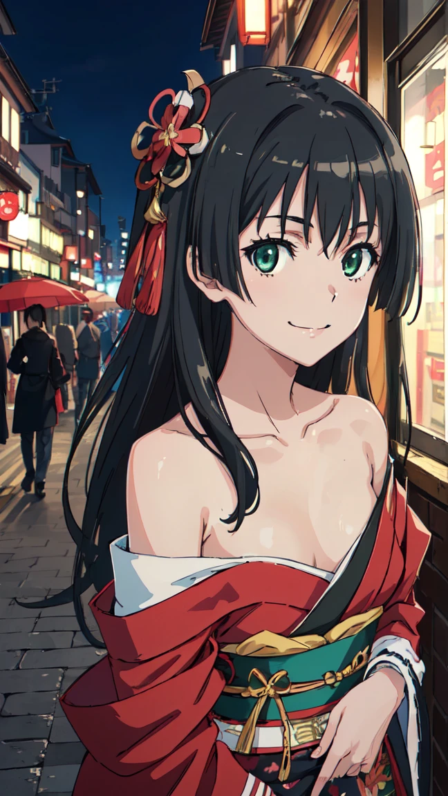  (High resolution:1.4), (masutepiece:1.2), (High quality:1.3) 1girl, saten ruiko, green eyes, long hair, black hair, small breast, Oiran fashion, The city of Kyoto, cinematic lighting,  pov, dynamic angle, off shoulder, smile,