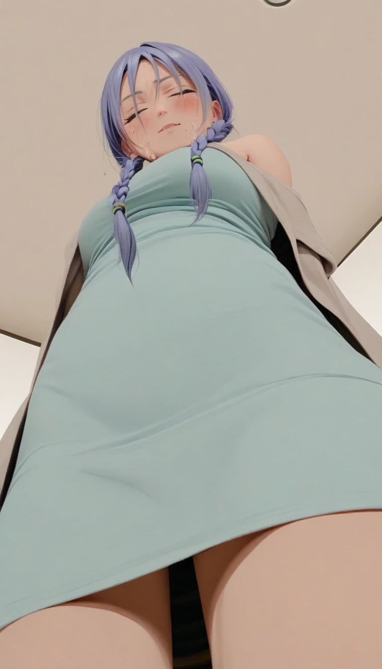 (masterpiece:1.2), Hyper Detail, Highest quality, (Complex_detailed:1.1), Beautiful details, Beautiful Hair, alone,One girl,alone,Roxy Migurdia, Witch Hat, Blue twin braids,Brown cape, shirt,((shirt half off shoulder)),shoulder,Upper Body,Hand holding a cape, sweating,Heavy breathing,vapor,blush,((Open Cape)),greasy shoulder,Half-closed eyes,((From below)),Look down,Reverse hair,Underarm,greasy Underarm, shoulder focus,