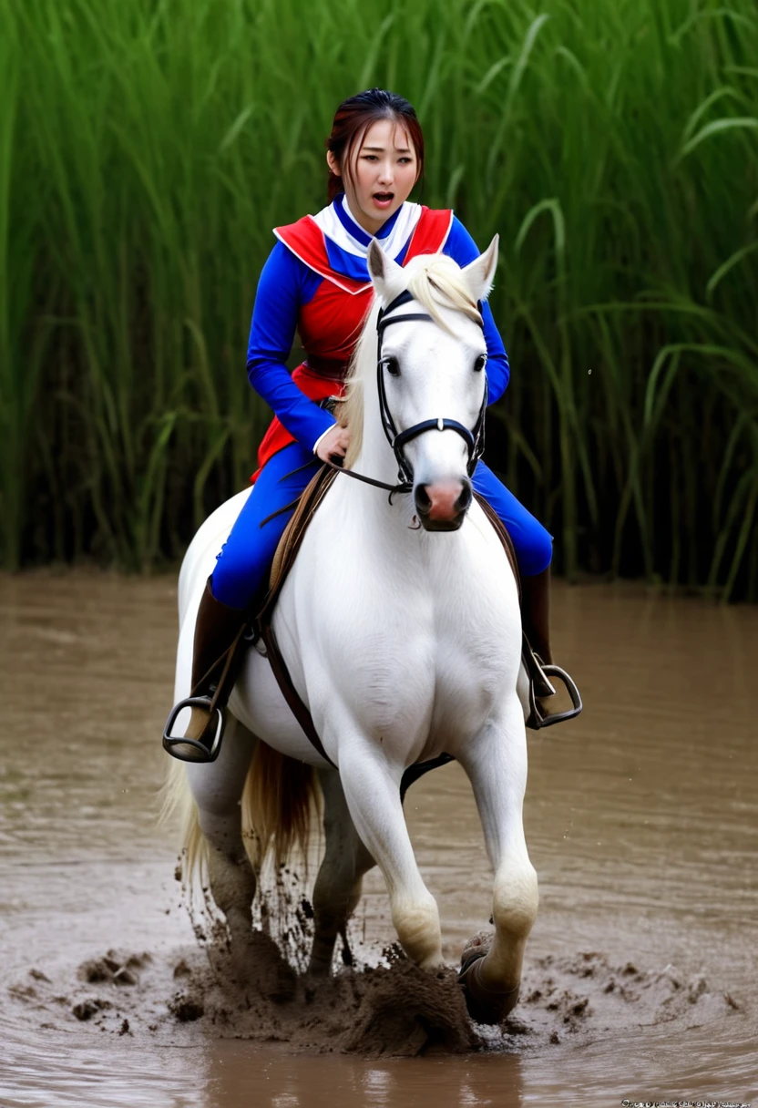 (((masterpiece))),(((Highest quality))),((Tabletop:1.4, Highest quality)), (Realな写真:1.4),
((1 cute girl knight)),rodeo,horse standing,Surprised face,stumble,aggressive,slouch,horse standing, prancing horse,pitfall,
(超High resolution:1.2),, wonderful, Very detailed CG Unity 8k wallpaper, Very detailed, High resolution,fat horse ridden by japanese girl,Chubby,Plump,Double,Red, white and blue outfit,Soaking in the swamp,Mud Splash,
Soft Light, Beautiful detailed girl, Droopy eyes,Very detailedな目と顔, Beautiful and exquisite nose, Beautiful and exquisite, horse ridden by a girl can't stand up because its drowned in the sticky muddy pitfall:10.0 ,Displeased face:4.0,Real,Stir,Anatomically correct,action horse riding scene while struggle fighting