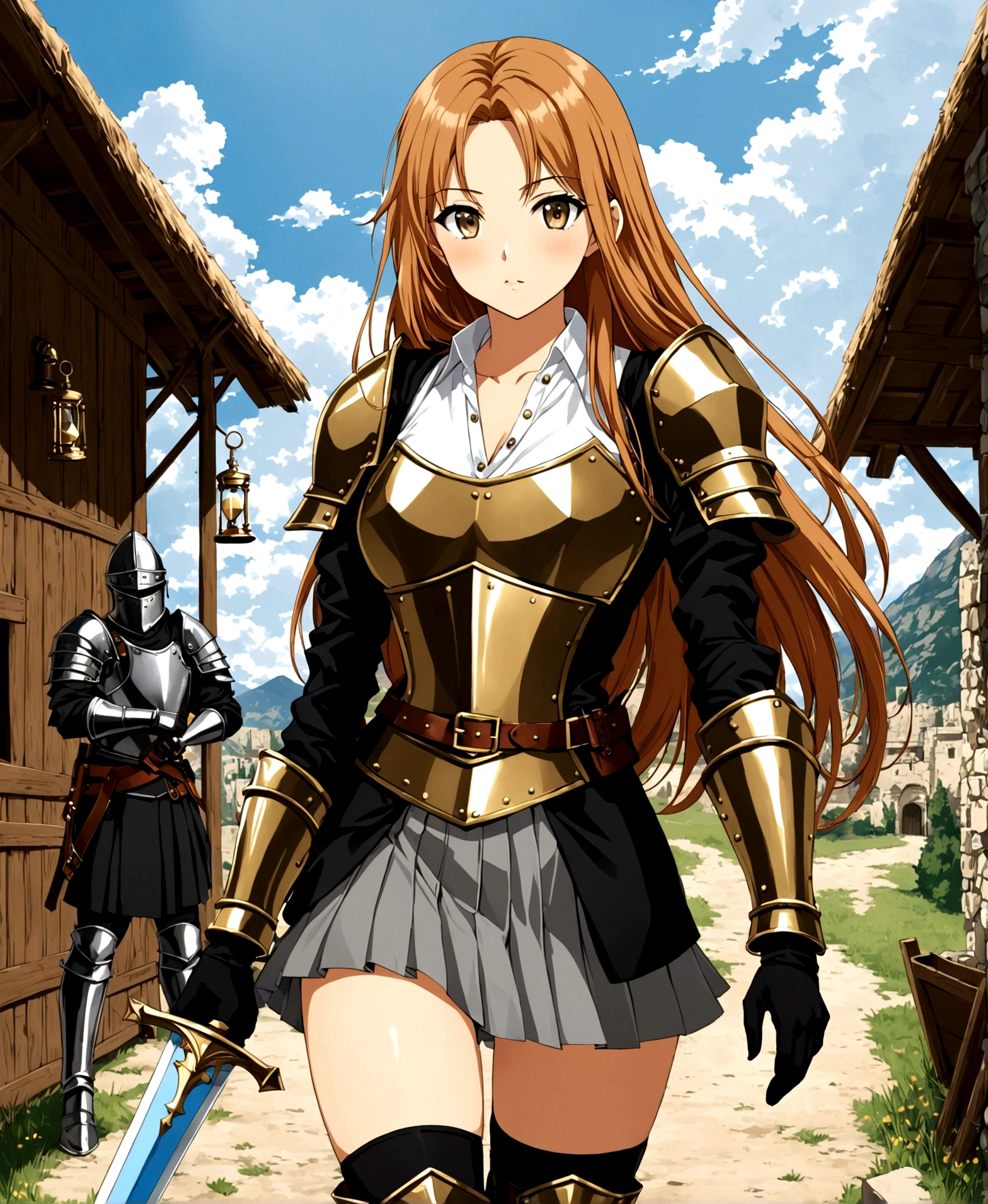 /(front focus), In a military camp, in a fantasy and Steampunk world, a beautiful woman, 18 years old, officer, in a training camp, carrying a light sword, in the middle of the day, observing the landscape over her shoulder, /(extremely long straight hair, almond-shaped eyes, hourglass-shaped athletic body, Big chest, medium hip, medium waist, shapely legs, perfect fingers, Greek nose, perfect hands, triangular face,), /(Medieval military armor inspired by anime: breastplate, greave, shin guards, boots, shoulder pads, gauntlet, gauntlet, advance arm, white V-neck blouse long sleeves, gray pleated mini skirt, black satin blazer with gold buttons, black thigh-high stockings held up by garters,),