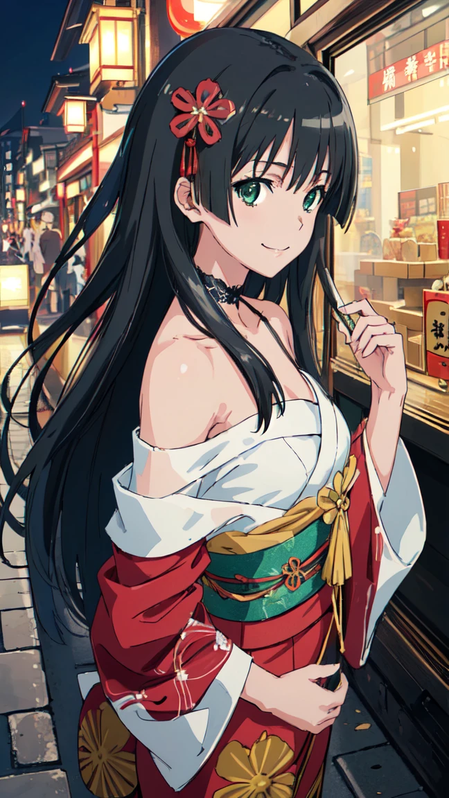  (High resolution:1.4), (masutepiece:1.2), (High quality:1.3) 1girl, saten ruiko, green eyes, long hair, black hair, small breast, Oiran fashion, The city of Kyoto, cinematic lighting,  pov, dynamic angle, off shoulder, smile,