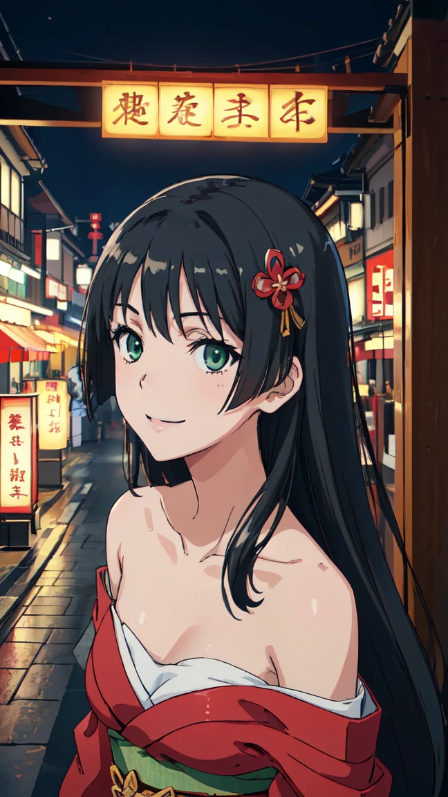  (High resolution:1.4), (masutepiece:1.2), (High quality:1.3) 1girl, saten ruiko, green eyes, long hair, black hair, small breast, Oiran fashion, The city of Kyoto, cinematic lighting,  pov, dynamic angle, off shoulder, smile,