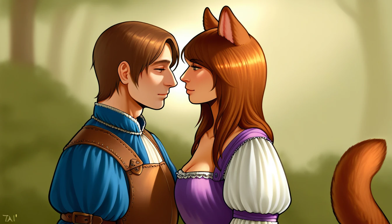 score_9, 2others, couple, sidebyside, side by side, side_by_side, 
((tabaxi:1.2), anthro, female, (standing, portrait, focus, side_view), ((brown fur, ears, tail)), (wearing medieval clothes), beautiful,
((human:1.2), male, (standing, portrait, focus, side_view), (wearing medieval clothes), beautiful