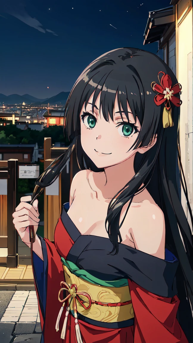  (High resolution:1.4), (masutepiece:1.2), (High quality:1.3) 1girl, saten ruiko, green eyes, long hair, black hair, small breast, Oiran fashion, cinematic lighting,  pov, dynamic angle, off shoulder, smile, nsfw, Japanese-style room at night