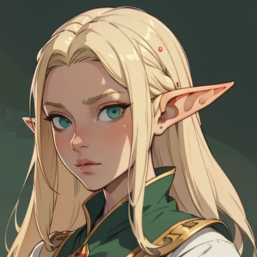(masterpiece), (best quality),(portrait),(bust up),1girl,solo,(sharp focus),(look at viewer),gloosy skin,elf,blonde hair,(elf girl) ,green eyes, (ancient girl:1), ancient luxurious long clothes,(simple background),old school fantasy art