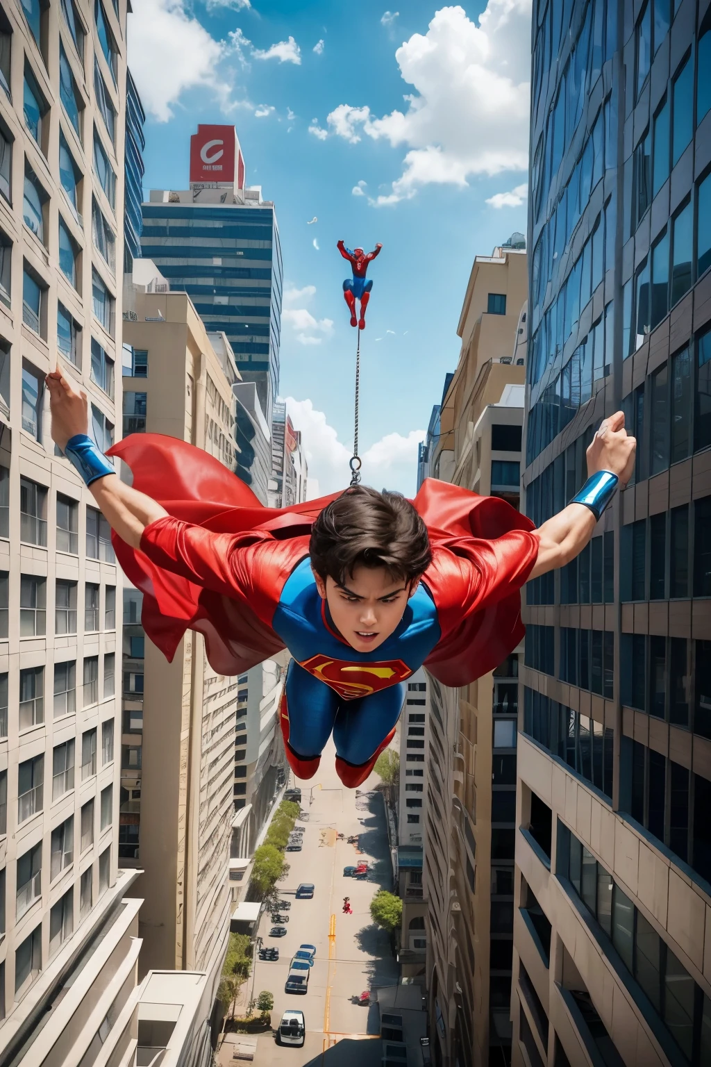 A comic-style illustration of a 6--old zilian boy with superpowers similar to both Spider-Man and Superman. The boy is short and thin, with straight, light brown hair that is slicked down. He has slightly open ears that add to his unique appearance. He is depicted in an action pose, either climbing up the side of a building, swinging through the city on webs, or flying through the sky with a powerful stance. The boy is wearing a costume that combines elements of casual clothing and superhero gear, with vibrant colors and a sleek design, incorporating a cape to signify his Superman-like abilities. The background features a Brazilian cityscape, with recognizable elements such as colorful buildings, tropical plants, and landmarks. The overall mood is dynamic and exciting, highlighting the boy's agility, strength, and ability to fly. The illustration should capture a sense of adventure and youthful energy, with a focus on the boy's confident expression and determined look. Ensure the boy appears distinctly Brazilian, reflecting his cultural background, and that the style is reminiscent of comic book drawings.