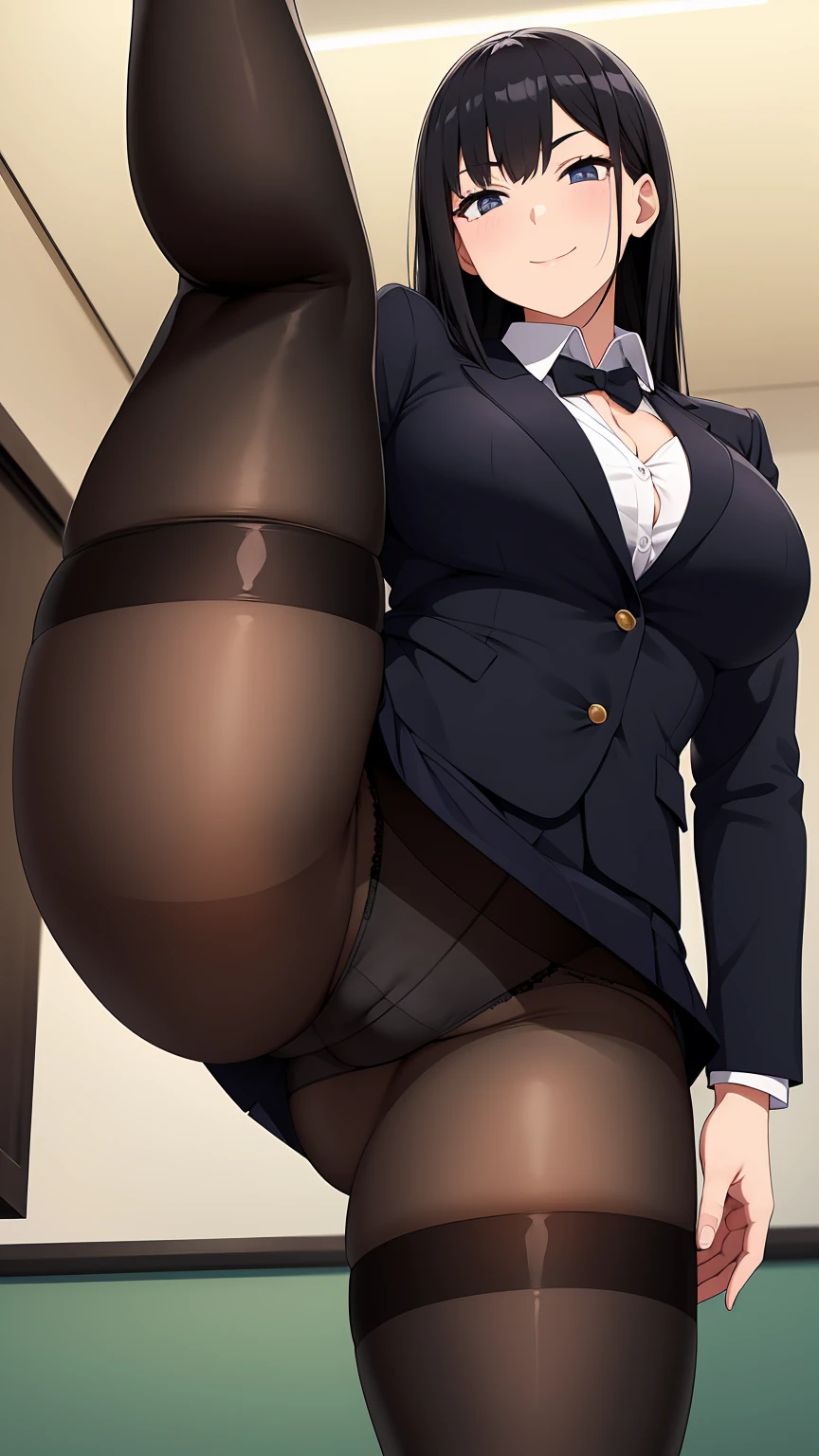 One Girl, Five Fingers, mini skirt, Looking down at the viewer, Black Hairロングヘアー, Highest quality, Focus on the thighs, Dynamic pose, smile, blazer, blouse, Black Pantyhose, panties under pantyhose, Standing Split, classroom, Black Hair, Stylish pose,My thighs and groin are steamy