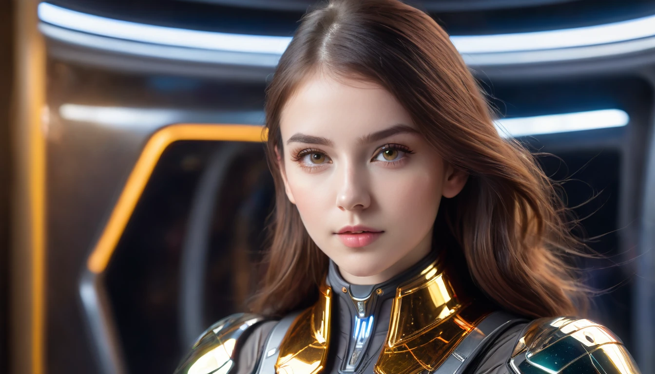 a beautiful 19 yo Arkansas woman with long brown hair, amber eyes, wearing a New Foundland military space battle suit next to gold and chrome futuristic Venusian spacecraft, intricate detailing, HDR, vibrant contrast, 32k resolution, luminism lighting techniques, ultra-realistic digital render, bokeh, mass effect, close up black, beauty, pure perfection, divine presence, unforgettable, impressive, breathtaking beauty, Volumetric light, auras, rays, 8k uhd, dslr, soft lighting, high quality, natural textures 8k masterpiece canon eos r4s 50
