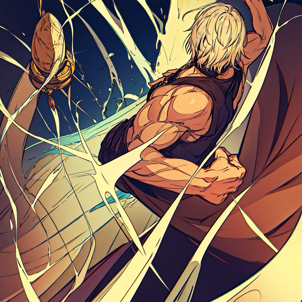 a wizard with his back, manipulating crystals just showing your skill, He has short hair that falls across his black, disheveled face., has a slightly muscular physique