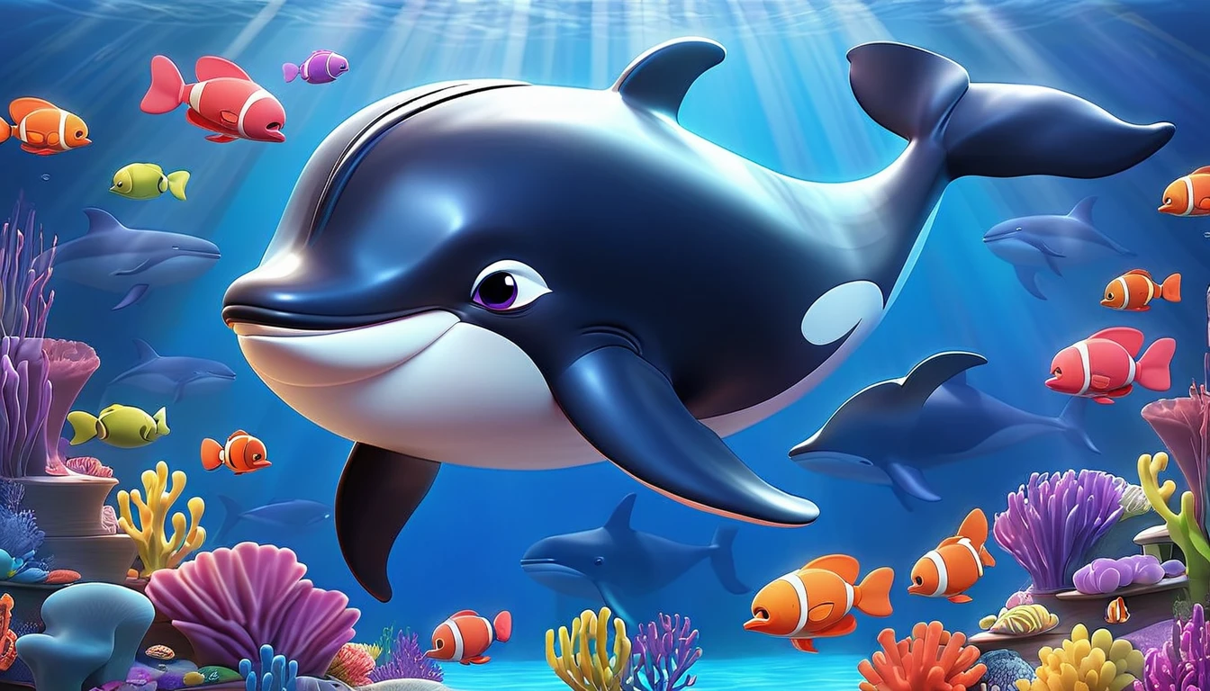 Create a 3-D Pixar style art scene for kids featuring a baby whale swimming alongside its mother. The scene should be colorful and vibrant, with an ocean background, coral reefs, and schools of fish. The overall mood should be engaging and inviting for young children.