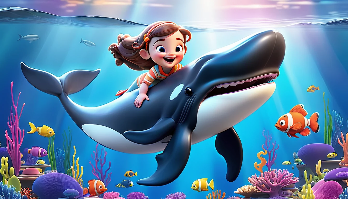Create a 3-D Pixar style art scene for kids featuring a baby whale swimming alongside its mother. The scene should be colorful and vibrant, with an ocean background, coral reefs, and schools of fish. The overall mood should be engaging and inviting for young children.