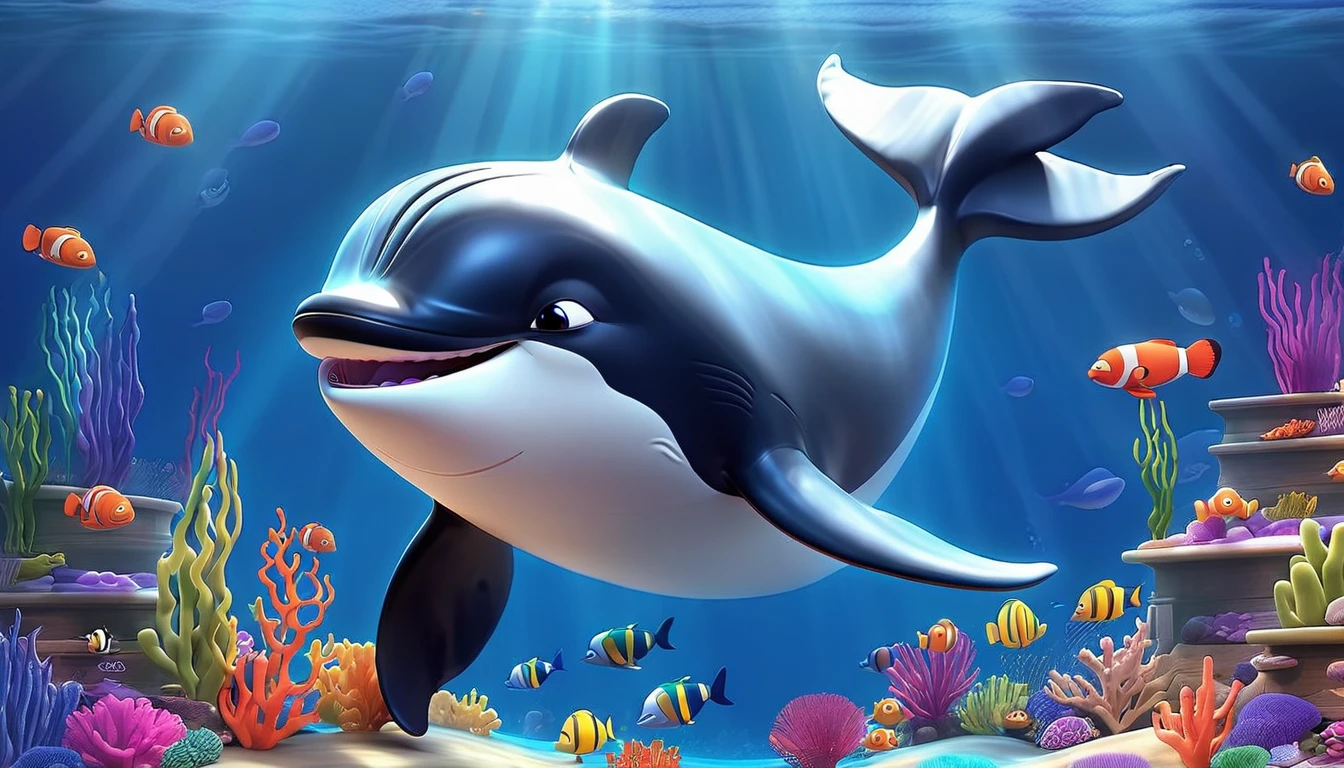 Create a 3-D Pixar style art scene for kids featuring a baby whale swimming alongside its mother. The scene should be colorful and vibrant, with an ocean background, coral reefs, and schools of fish. The overall mood should be engaging and inviting for young children.