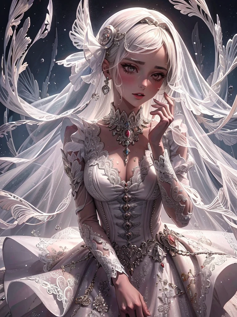 drill bit, Silver hair,jewelry, head wreath,long eyelasher,Crystal earrings, color difference, hyper HD, ccurate, Super detail, High details, High quality, Best quality, A high resolution, Masterpiece,His hand stroked a strand of hair on his chest,white dresses,Silk ribbons are tied around clothes,Fairy breath