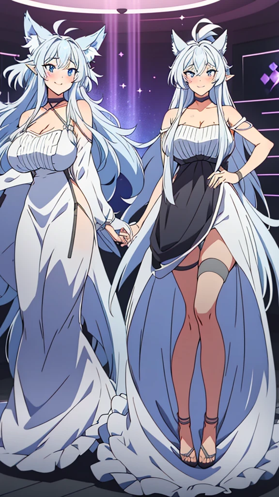 lvl2kara, Fenrys, Fenrisu, long hair, silver hair, light blush, smile, wolf girl, starrystarscloudcolorful, full body, adult, FenrysLv2, grey hair, very long hair, blue eyes, wolf ears, pointy ears, choker, white dress, bare shoulders, black ribbon, cleavage, strap slip