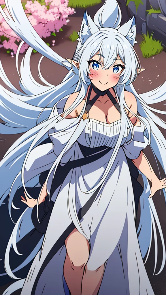 lvl2kara, Fenrys, Fenrisu, long hair, silver hair, light blush, smile, wolf girl, starrystarscloudcolorful, full body, adult, FenrysLv2, grey hair, very long hair, blue eyes, wolf ears, pointy ears, choker, white dress, bare shoulders, black ribbon, cleavage, strap slip