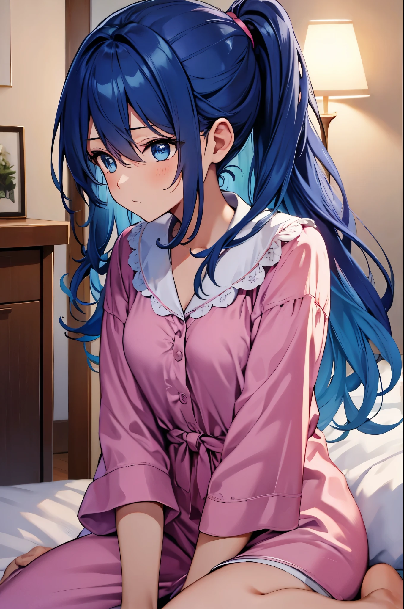 (masterpiece:1.3), (best quality:1.1), (8k, ultra detailed, ultra high res:1.2), (anime style:1.2), perfect 5 fingers, perfect anatomy, 
1girl,
BREAK long hair, blue hair, blue eyes, 
[medium breasts], 
BREAK Satin Nightgown, pink pajamas, 
(sleepy:1.1), 
BREAK upper body, indoors, inside, on a bed, wariza, (at night:1.2), 