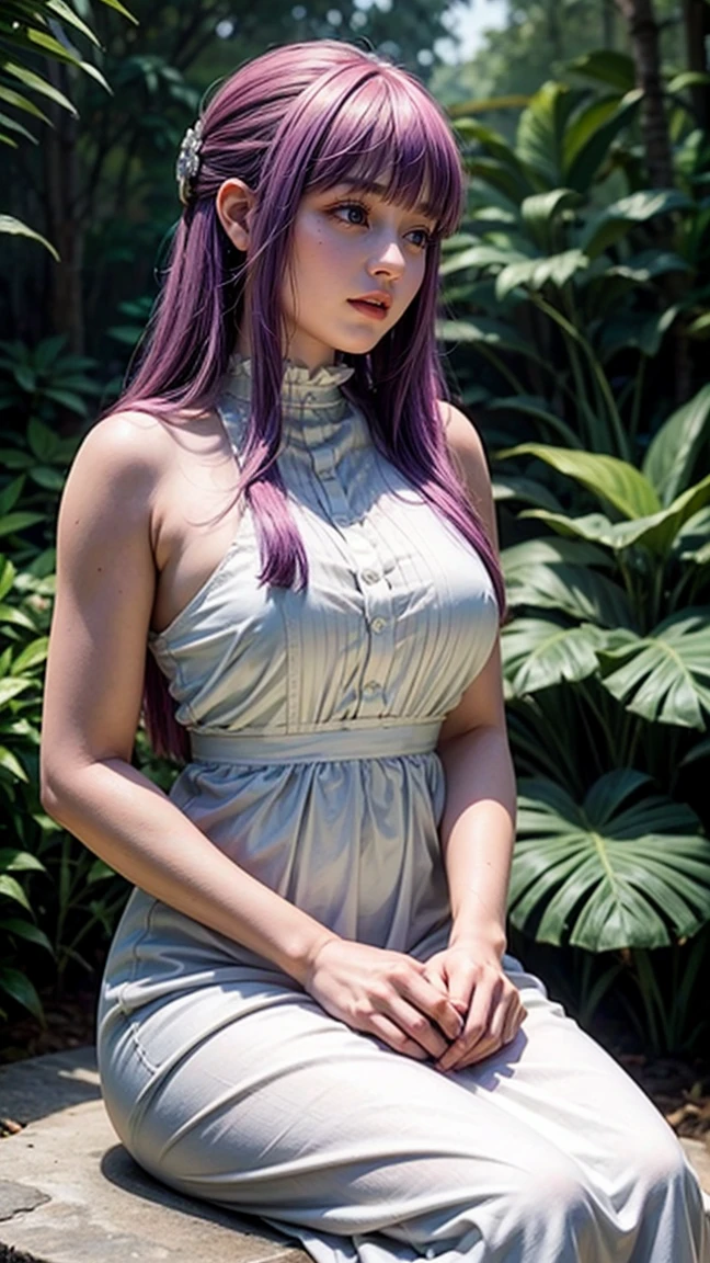 artwork, Better Quality, Absurd, Perfect Anatomy, Purple Hair:1.1,Better Quality,4K,8K,High resolution,artwork:1.2),Ultra-detailed,(Realist,photoRealist,photo-Realist:1.37),Browsing Caution,Fern with vibrant Purple Hair sitting on a cushion in a serene garden, bathed in warm sunlight. She is surrounded by lush plants and colorful flowers, Delicate petals gently fall around you. Fern is wearing an elegant light fabric dress., Almost transparent to match your hair color, As she sits the fabric flows gracefully around her.,  Big breasted.