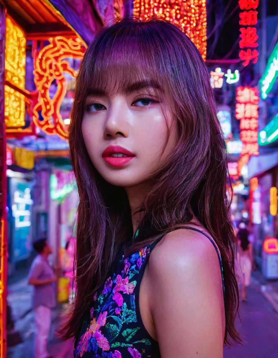 a beautiful young woman, detailed face of lisa, standing in the middle of yaowarach street in bangkok's china town, surrounded by neon lights and contrast, spotlight on her only, no other people, intricate details, hyper realistic, photo-realistic, masterpiece, 8k, high quality, beautiful vivid colors, dramatic cinematic lighting, stunning composition, captivating atmosphere