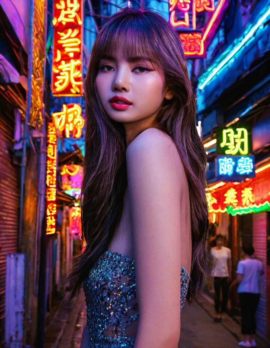 a beautiful young woman, detailed face of lisa, standing in the middle of yaowarach street in bangkok's china town, surrounded by neon lights and contrast, spotlight on her only, no other people, intricate details, hyper realistic, photo-realistic, masterpiece, 8k, high quality, beautiful vivid colors, dramatic cinematic lighting, stunning composition, captivating atmosphere