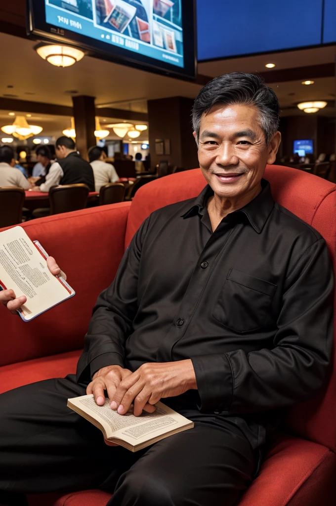 photorealistic,man,Thai person,Age 59 years,little black hair,Looks good,Oval face,Clear eyes,smile,5 fingers(Not more than 5 inches),Wear black pajamas,Sit and read a book.,At the casino,Catch the book,Take a picture of yourself,Sharp picture,realistically.