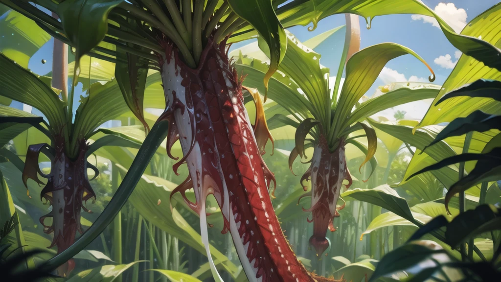 (tropical pitcher plants :1.5),with a large mouth and sharp teeth.,in the forest, landscape:1.5