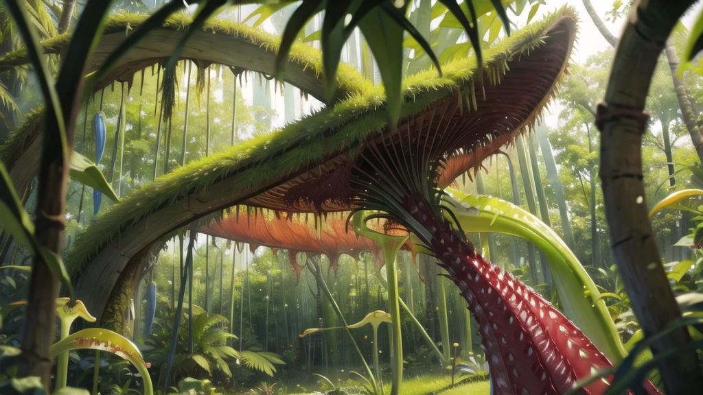 (tropical pitcher plants :1.5),with a large mouth and sharp teeth.,in the forest, landscape:1.5