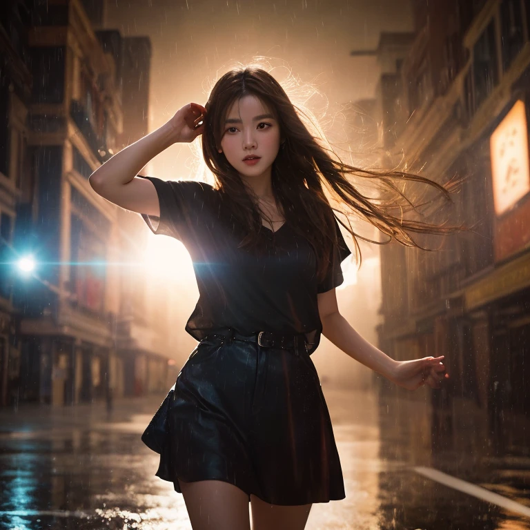 born, Super detailed, Realistic (1.3) Masterpiece portrait of a girl with long hair, Dynamic angle with messy hair, Installed in a world-class theater with superior cinema lighting, Lens flare, Dunhuang-style artistic sense, 8K resolution wallpaper quality, Highest quality, Dancing in the Rain 