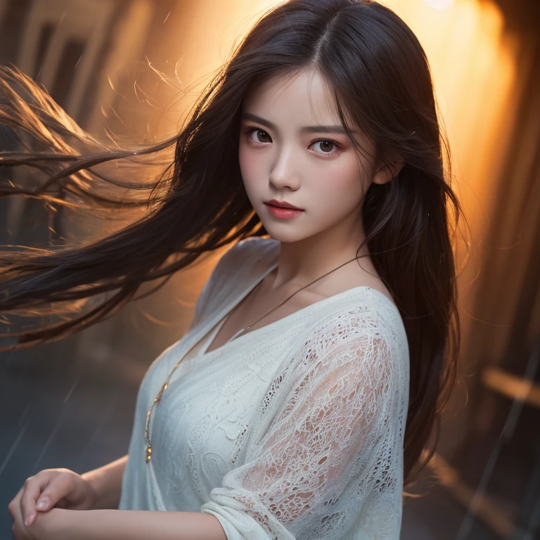 born, Super detailed, Realistic (1.3) Masterpiece portrait of a girl with long hair, Dynamic angle with messy hair, Installed in a world-class theater with superior cinema lighting, Lens flare, Dunhuang-style artistic sense, 8K resolution wallpaper quality, Highest quality, Dancing in the Rain