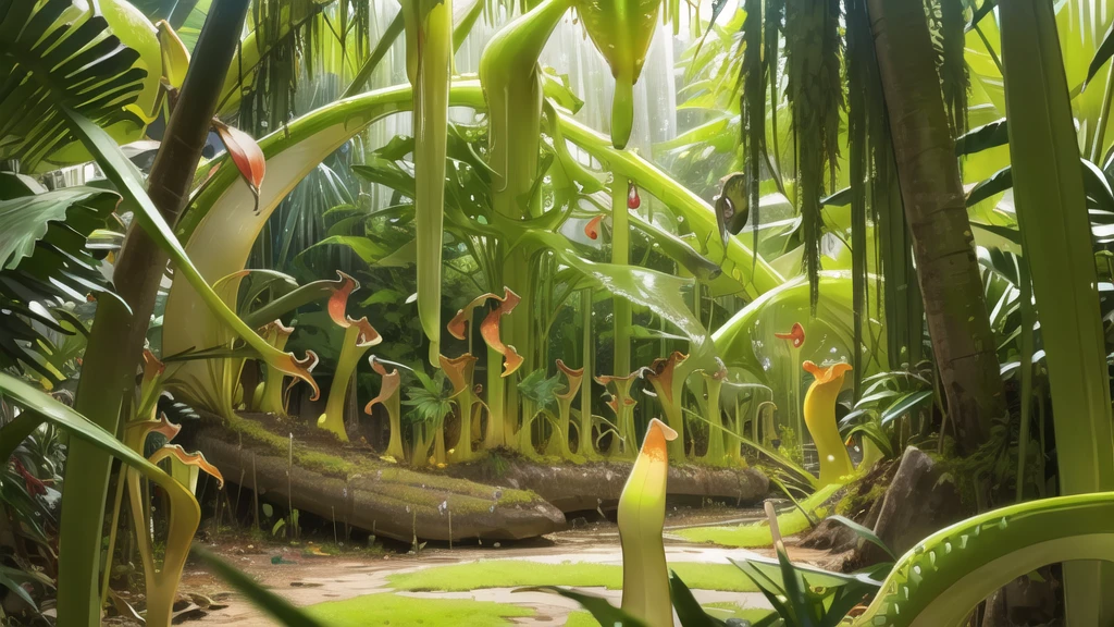 (tropical pitcher plants :1.5),with a large mouth and sharp teeth.,in the forest, landscape:1.5