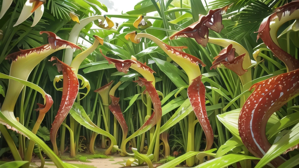 (tropical pitcher plants :1.5),with a large mouth and sharp teeth.,in the forest, landscape:1.5