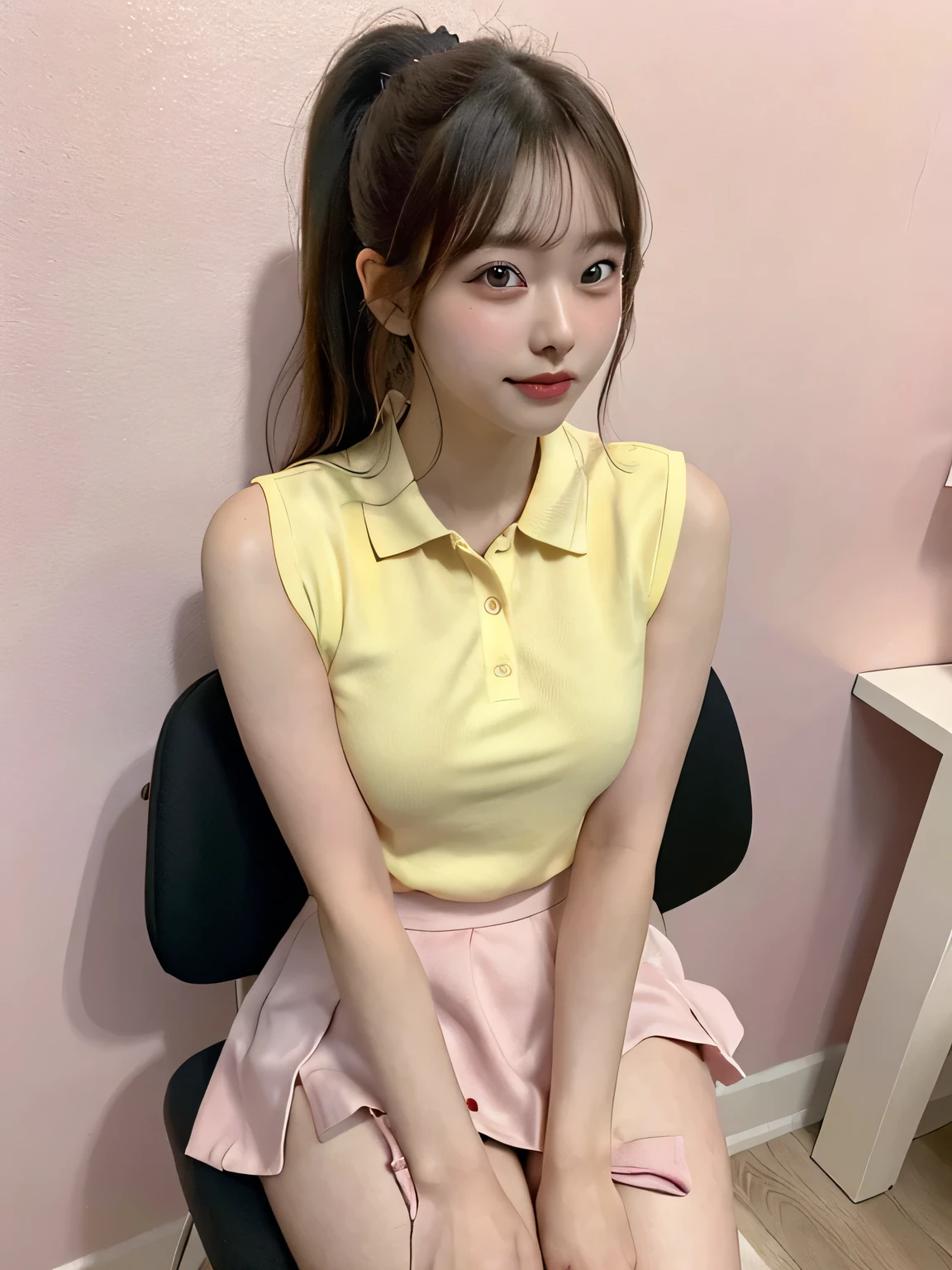 One person、11 years old、Full body photo,slender、woman、White drool coming out of the mouth、smile、、Short Ponytail、 Fair skinned and super cute、Soft and Face、8K resolution、Surreal、Ultra high definition、 A-cup small breasts（（Highest resolution、8K、masterpiece：1.3））、Ultra-fine face、Ultra Fine Lips、Beautiful Eyes、double eyelid,Pink wall、Yellow polo shirt with sleeveless collar、Red Skirt、Thighs、thin,Thighsが見える、Shapely small breasts、sexy、So cute!,Sitting in a chair、Thighsが見える、