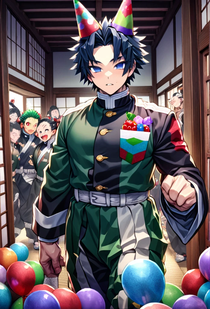 Ultra detailed, high resolution, absurd, HDR, masterpiece, Demon Slayer, Kimetsu no Yaiba, Demon Slayer, Kimetsu no Yaiba, Tomioka Giyuu, Uzui Tengen, Sanemi Shinazugawa, the hashiras are wearing birthday party hats, handsome, strong man, it's someone's birthday, they are inside a Japanese house ,in black demon slayer corps uniform, anime Kimetsu No Yaiba, fantasy, handsome, best quality, extremely detailed face, party, Water Hashira, Sound Hashira, Wind Hashira, party at the demon slayer corps with the three hashiras