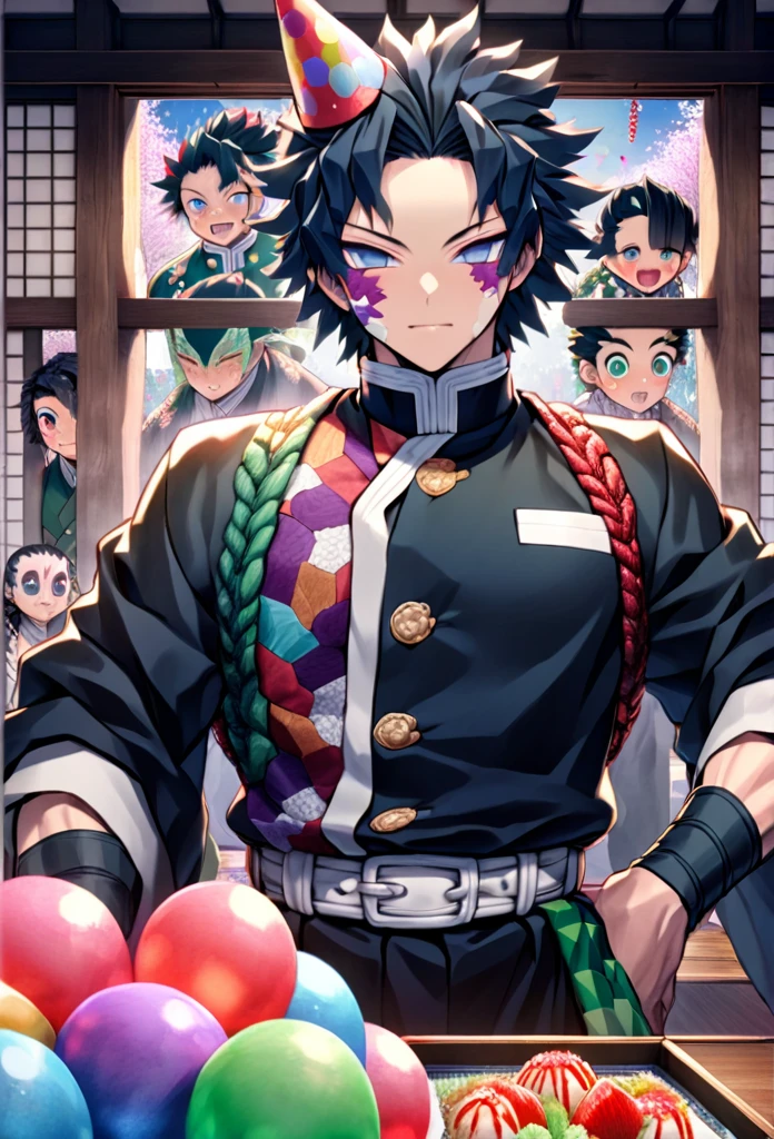 Ultra detailed, high resolution, absurd, HDR, masterpiece, Demon Slayer, Kimetsu no Yaiba, Demon Slayer, Kimetsu no Yaiba, Tomioka Giyuu, Uzui Tengen, Sanemi Shinazugawa, the hashiras are wearing birthday party hats, handsome, strong man, it's someone's birthday, they are inside a Japanese house ,in black demon slayer corps uniform, anime Kimetsu No Yaiba, fantasy, handsome, best quality, extremely detailed face, party, Water Hashira, Sound Hashira, Wind Hashira, party at the demon slayer corps with the three hashiras