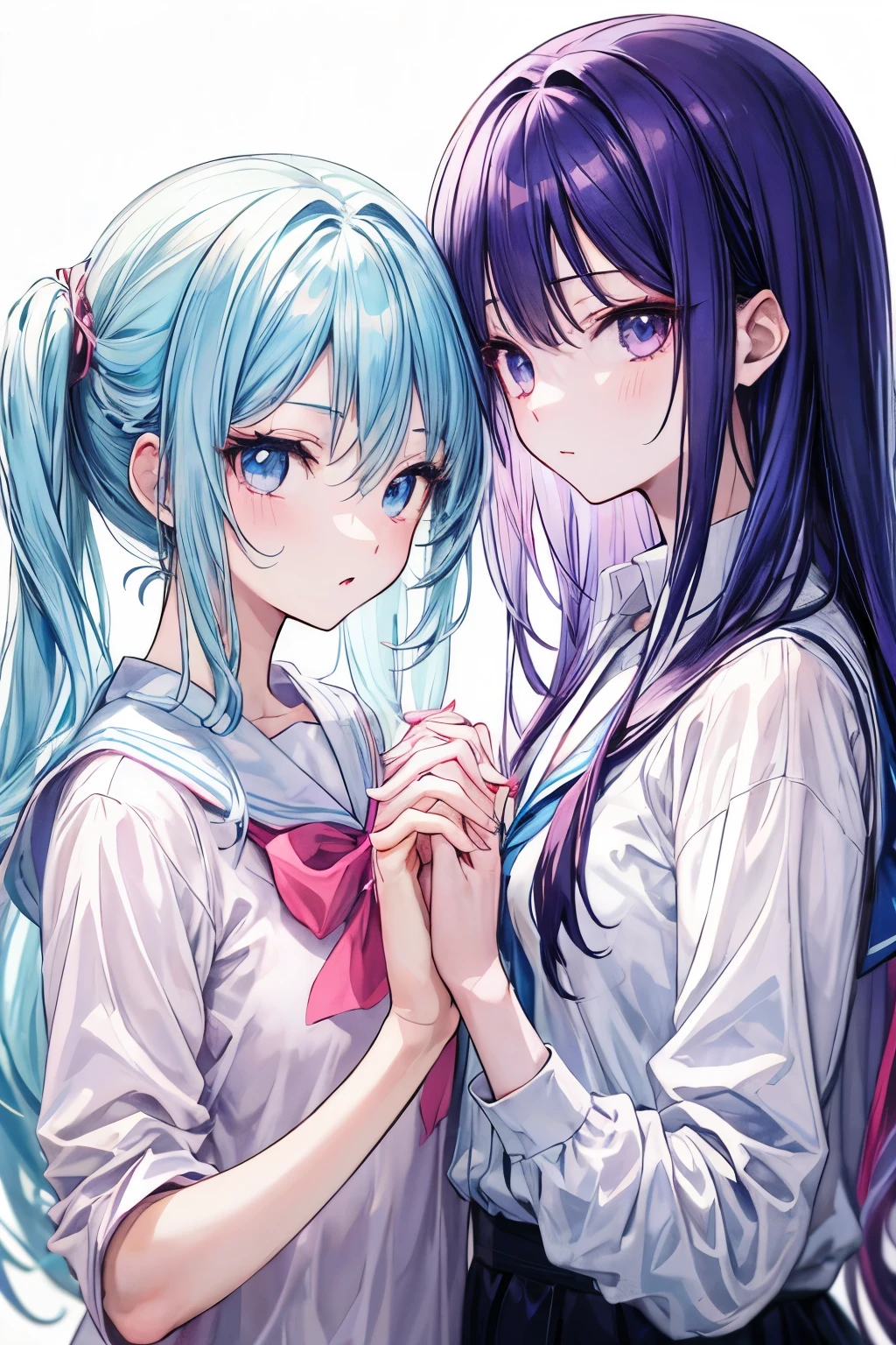 An anime girl with purple hair and pink eyes holding hands An anime girl with blue hair and blue eyes wearing a white shirt