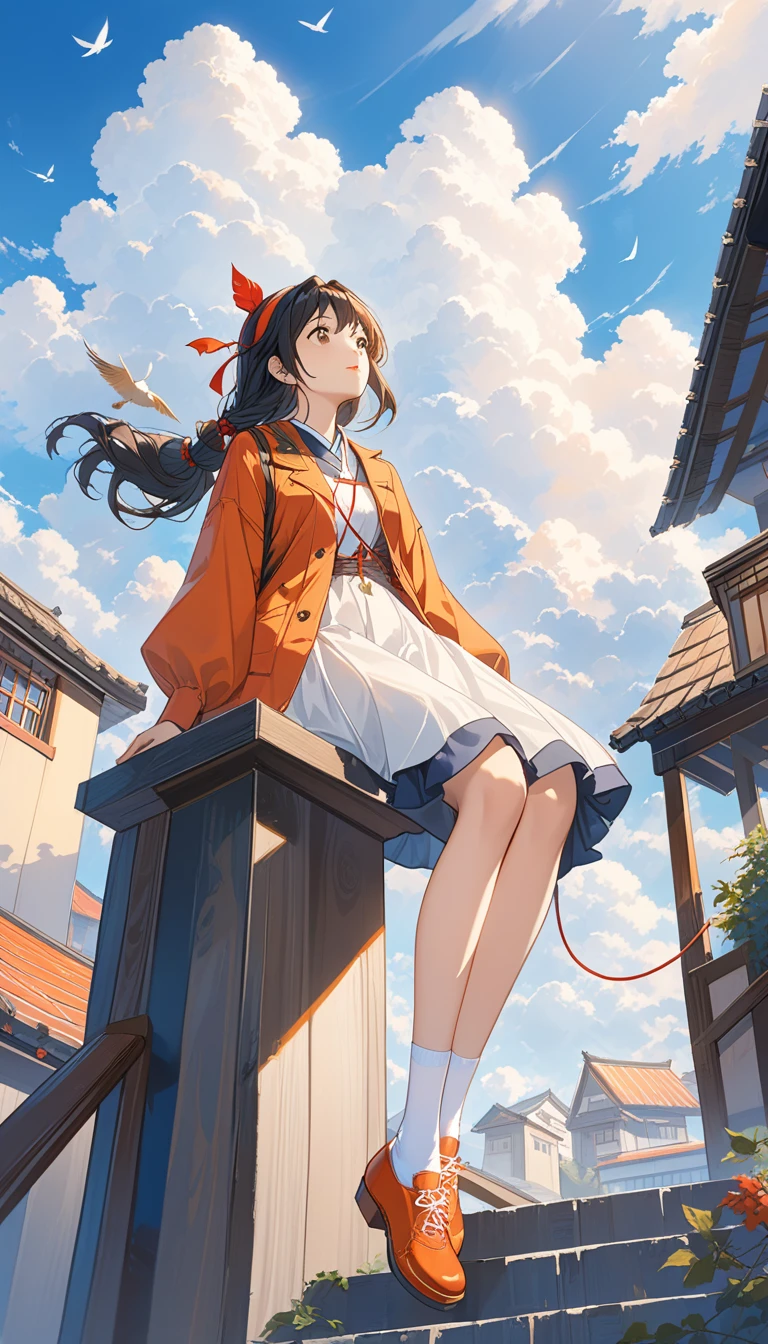 1girl,orange shoes,solo,sitting,sky,clouds,outdoors,black hair,bird,upward view,blue sky,white socks,daytime,orange jacket,building,long sleeves,leaves,long hair,stairs,red headband,pump Rope,headband,bangs,cloudy sky,from_below,wide_shot,