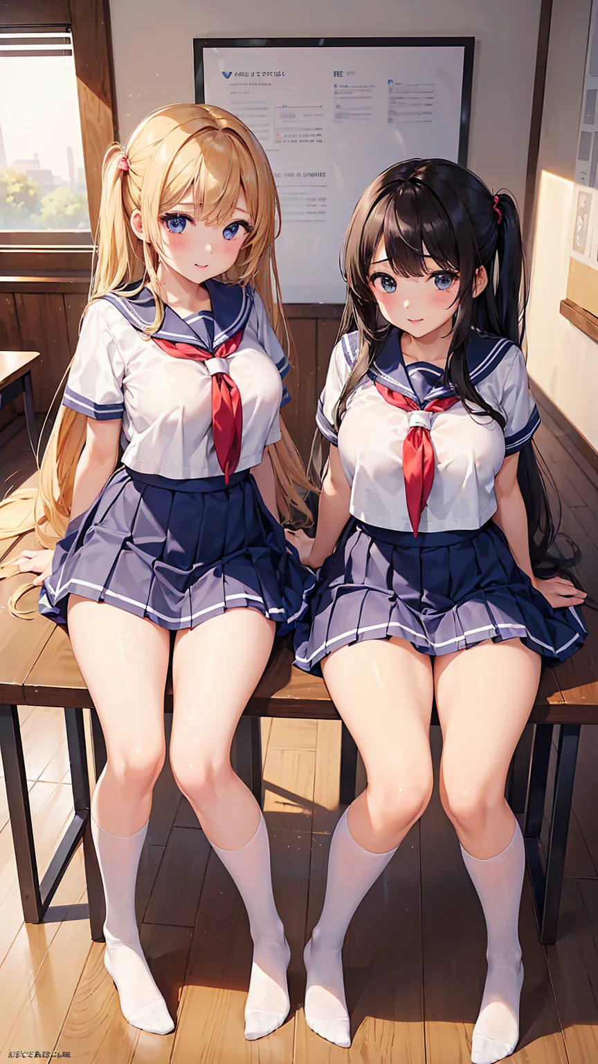 ((Highest quality)), ((masterpiece)), (detailed),Perfect Face,Strong light from the front,With front light,Two naked  sisters in a school clubroom open their clothes, take off their skirts and panties, and spread their legs wide open to show the camera a close-up of their naked crotches.,