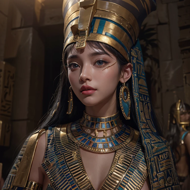 Standing in an ancient Egyptian cave、Blowing hair 、 ((Highest quality、masterpiece、8K、Best image quality、Ultra-high resolution、Award-winning works)、(Accurate anatomy:1.1)、(Look at me and smile:1.0)、Shining fair skin with Ultra-high resolution、The most detailed face、Ultra-high resolution detailed face、Ultra-high resolutionの髪の毛、(Ultra-high resolution eye:1.1)、Beautiful face drawn in every detail、Ancient Egyptian costumes, Chest to chest, Dark atmosphere,Dark Light, Ancient Egyptian makeup,