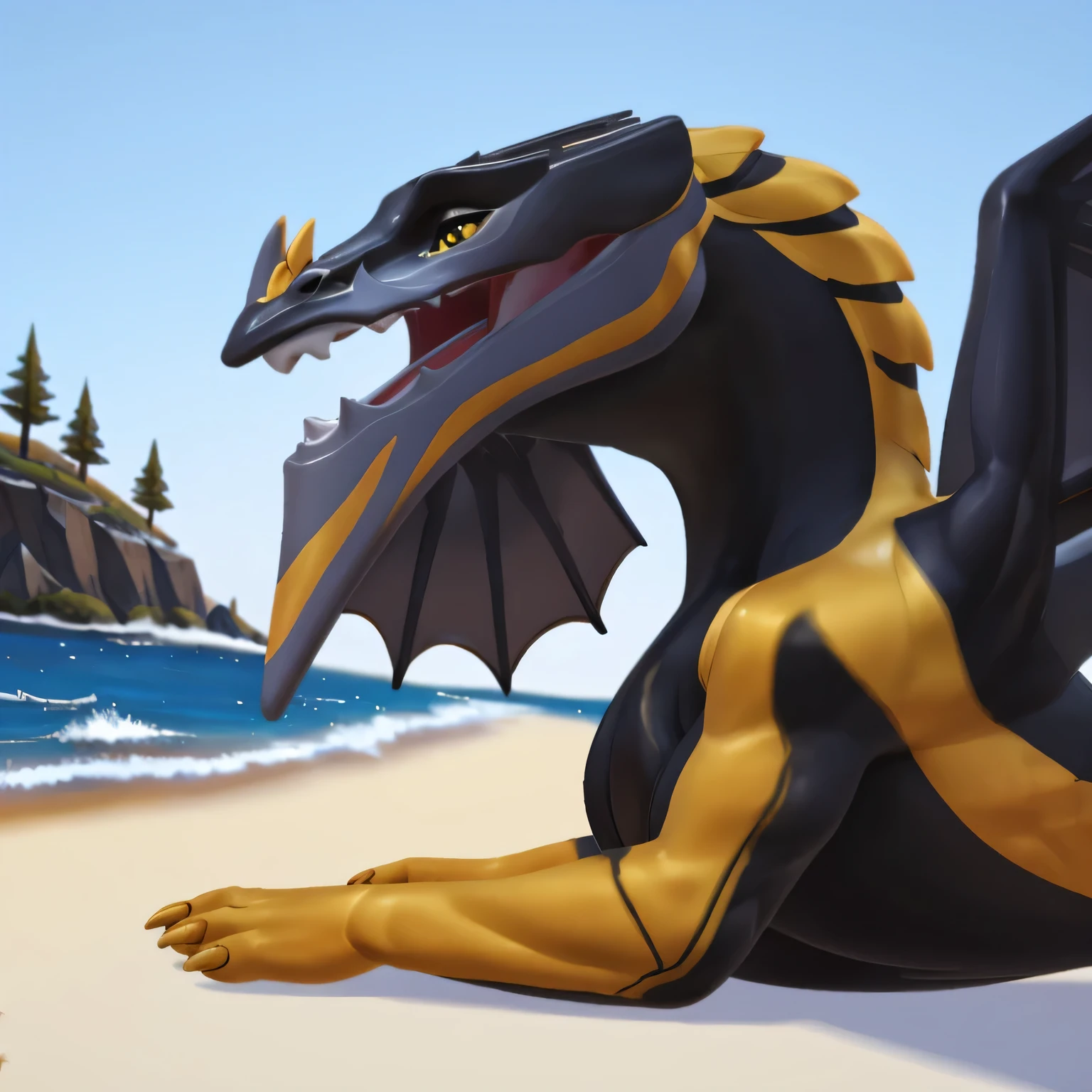 (by pixelsketcher:0.6), (by personalami :0.6),full body,side view, solo,detailed female dragon,Beau,dragon, detailed background, (cinematic lighting:1.1), (perfect focus:1.1), 8k hd, (detailed eyes:1.2), perfect breasts, wide angle, (scale detail:1.3)beach,ocean,sky,((long taill)),smile,(scales), (realistic scales),((beautiful eyes)),laying down