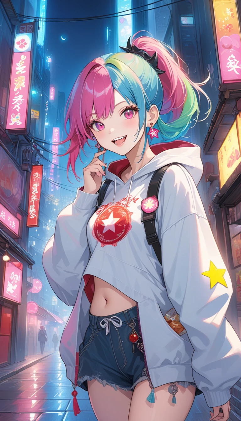 (masterpiece:1.2),Highest quality,PIXIV,Rebellious girl,One girl,Open your mouth,sharp,sharp,teeth,Long Hair,Street background,gem,badge,Bad,Food,Pink Eyes,Earrings,Jack,et eyelash,Food Characters,star (symbol colzel),in color,Stickers,upper clothes hoodie,smile,spike,Focus on the viewer,Changyi tongue,Chest in the center,Shoulder Bare,Belly button,Colorful hair colors,leaning forward,Cyberpunk city,Night view,