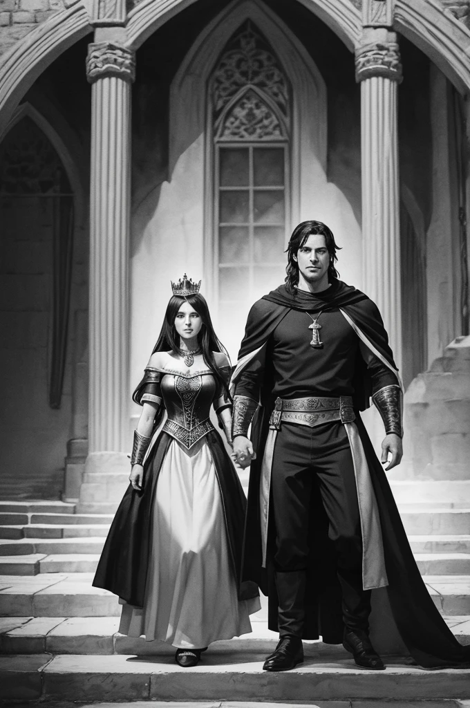 watercolor illustration, black andwhite, classic tales, medieval times, several characters together (hero and heroine, villains, King and queen) standing in front of a castle.