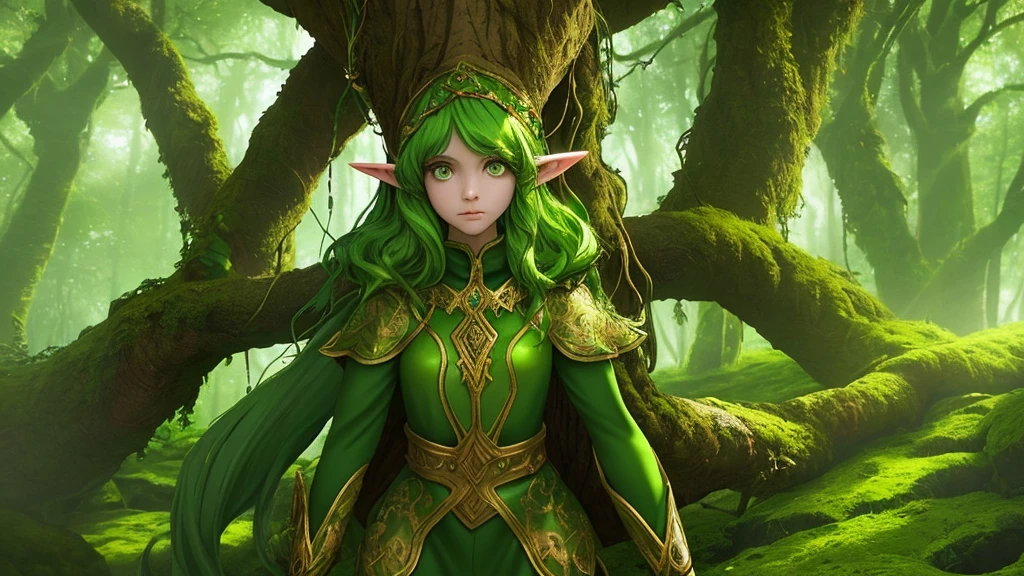 Elf Woman, green hair, 14 years old, Amber eyes, Dressed in a tree and moss outfit., simple staff, Forest Settings, Radiates immense magical power