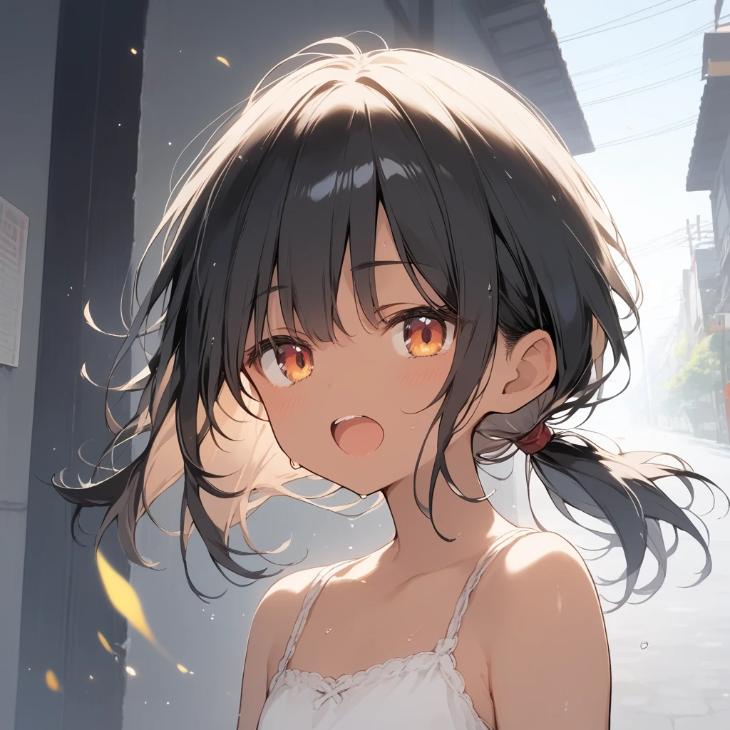 score_9, score_8_up, score_7_up, source_anime, best quality, masterpiece, official art, absurdres, highres, ultra-detailed,waifu2x,Collection: Slice of Life,break,1girl, tomboy, dark-skinned female, short hair, low ponytail, flat chest, beautiful detailed eyes, short shorts, sweat, open mouth, (yawn:0.3), sleepily, outdoors, wind, break,(clear line illustration:1.2),very high resolution, very aesthetic, super detailed skin, Best sexual lighting powered by famous artist, 8k,cute picture,beauty illustration,photoshop_(medium),,(Detailed Lighting),best anime 8k konachan wallpaper, pixiv contest winner,