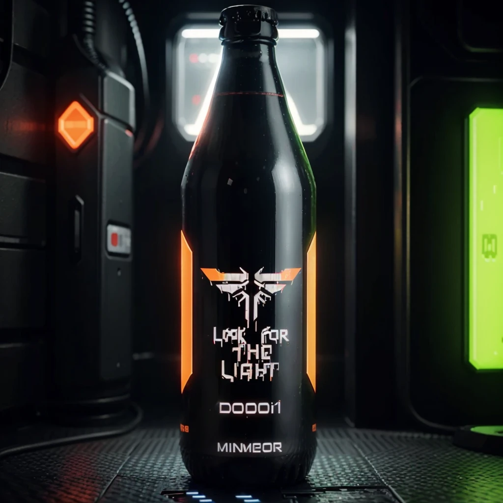 One bottle in the picture.A bottle of cyber beer presented in cyberpunk style, with characteristic elements: smooth, matte coating, decorated with bright neon luminous inserts. Design includes digital pixel patterns and abstract graphic elements, creating the effect of digital disruption and the future of the technological world. The main color of the bottle is deep purple, red, orange or green. This combination gives the product a unique cyberpunk style and modern look..
Bottle with holographic labels, depicting robotic fruits reflecting the taste of the future.