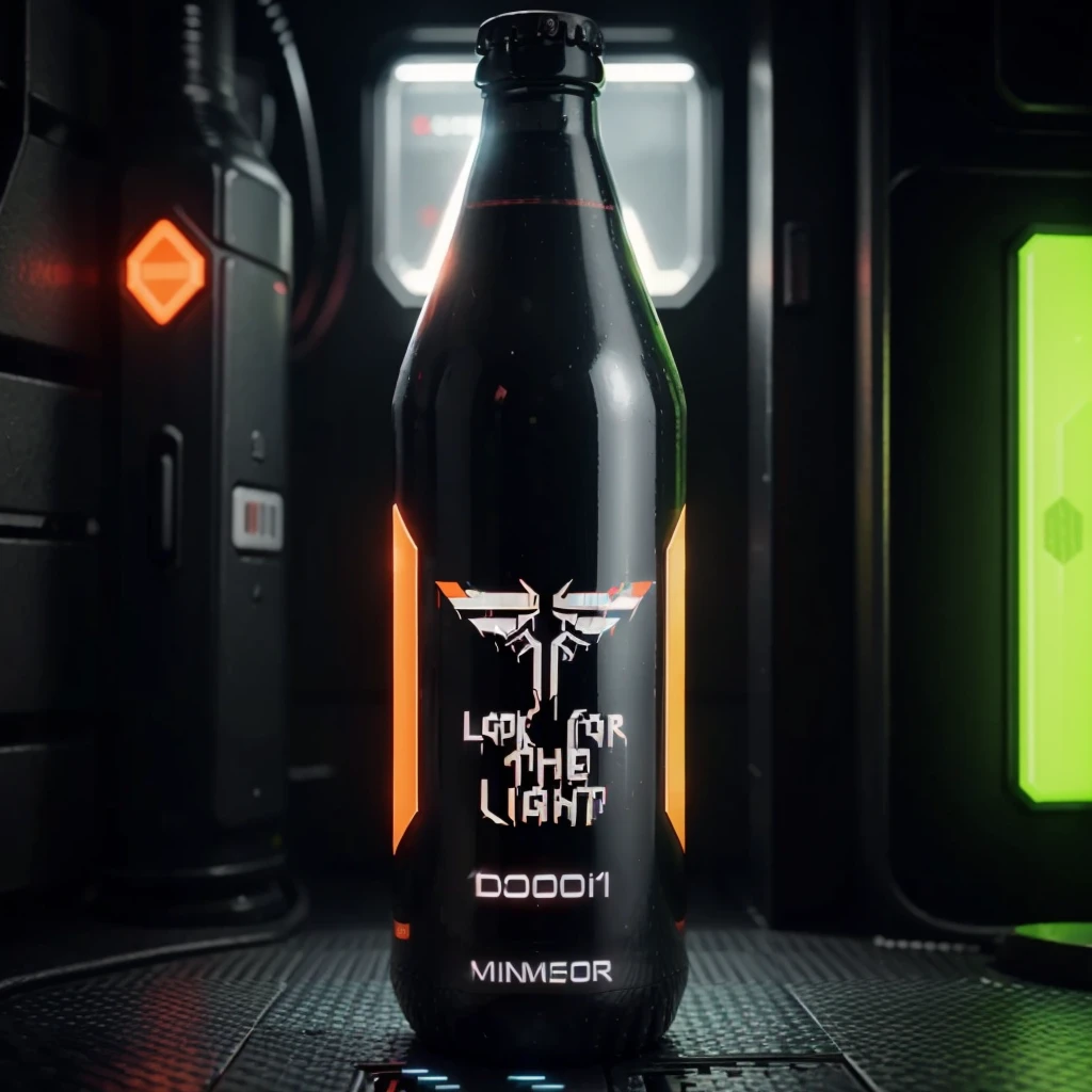One bottle in the picture.A bottle of cyber beer presented in cyberpunk style, with characteristic elements: smooth, matte coating, decorated with bright neon luminous inserts. Design includes digital pixel patterns and abstract graphic elements, creating the effect of digital disruption and the future of the technological world. The main color of the bottle is deep purple, red, orange or green. This combination gives the product a unique cyberpunk style and modern look..
Bottle with holographic labels, depicting robotic fruits reflecting the taste of the future.