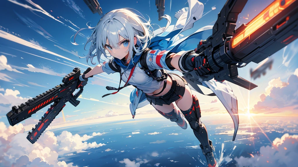 A weaponized girl flies through the sky、Holding a railgun