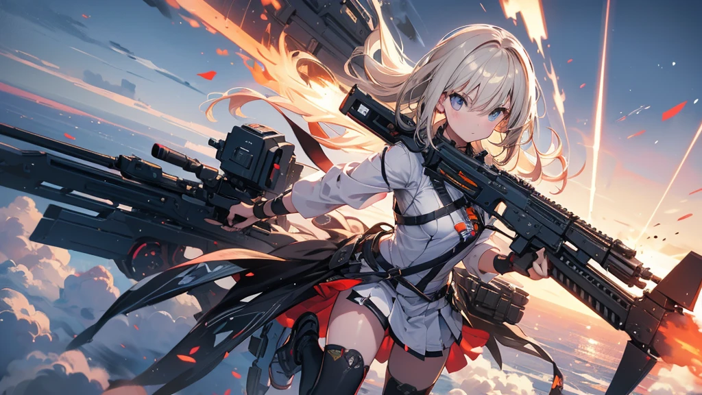A weaponized girl flies through the sky、Holding a railgun