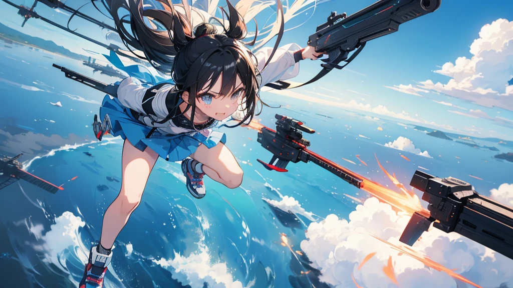 A weaponized girl flies through the sky、Holding a railgun